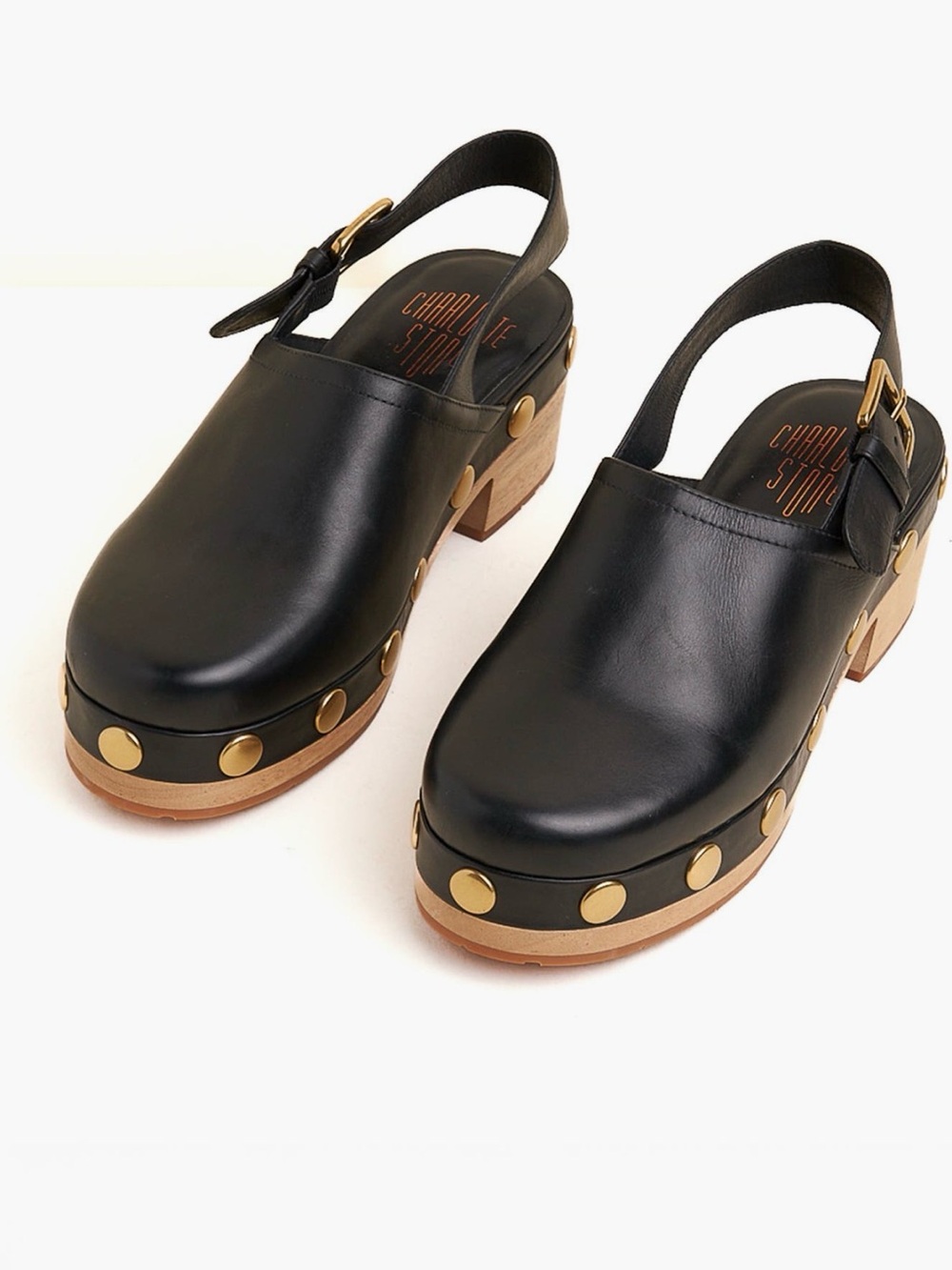 Charlotte Stone: Black Leather Slingback Clog with Gold Stud Accents size 6